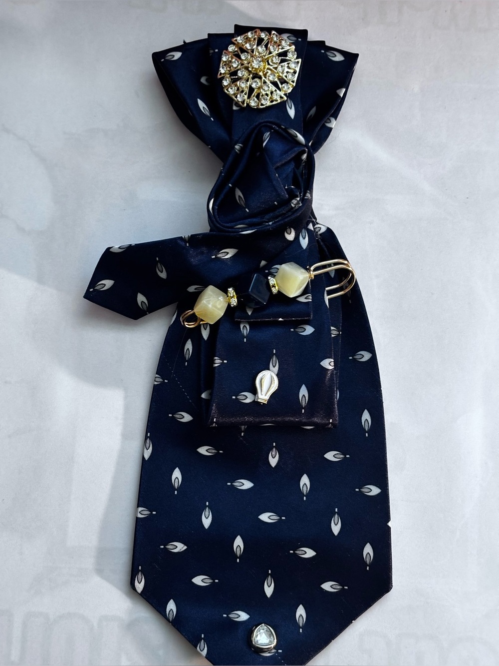 Navy Patterned Satin Scarf Tie with Crystal Brooch